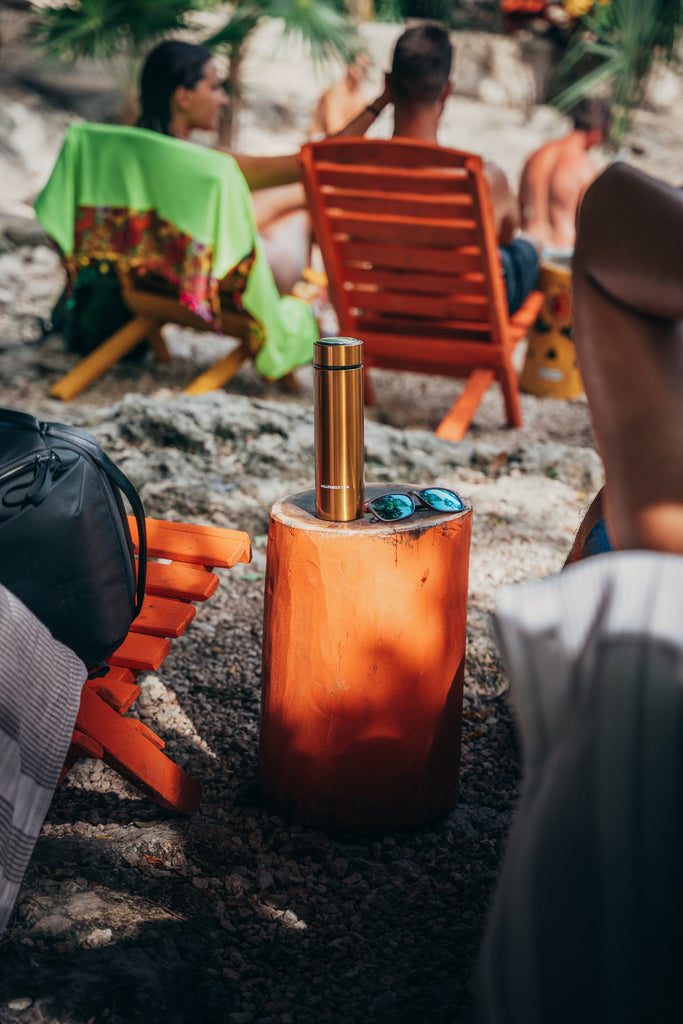 4AllFamily Insulin Travel Cooler - Nomad Model - Gold color option - Picture of campers with insulin on the beach 